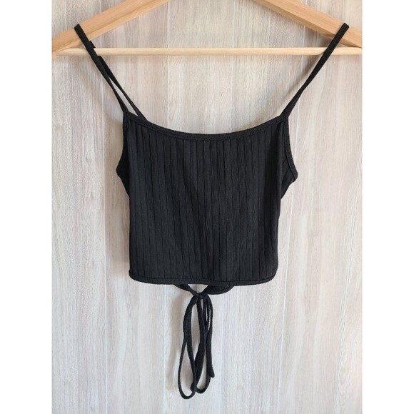 Shein Black Ribbed Crop Tank Petite XXS Tie Front Ruffle Detail Sleeveless Top - Picture 1 of 7